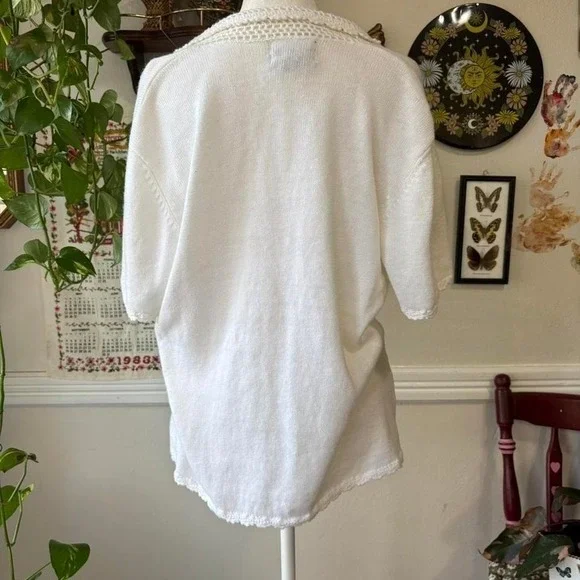 Vintage 90s STUDIO Women's L White Dainty Button Up Lace Crochet Trim Ethereal - Picture 3 of 6